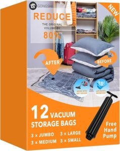 “Before and after closet showing how vacuum storage bags reduce clothing and bedding volume for better organization.”